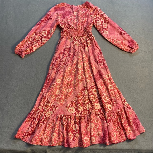 Japna Women’s pink & white Floral long sleeve Maxi Dress, Ruffle hem, V-neck, S - Picture 3 of 11